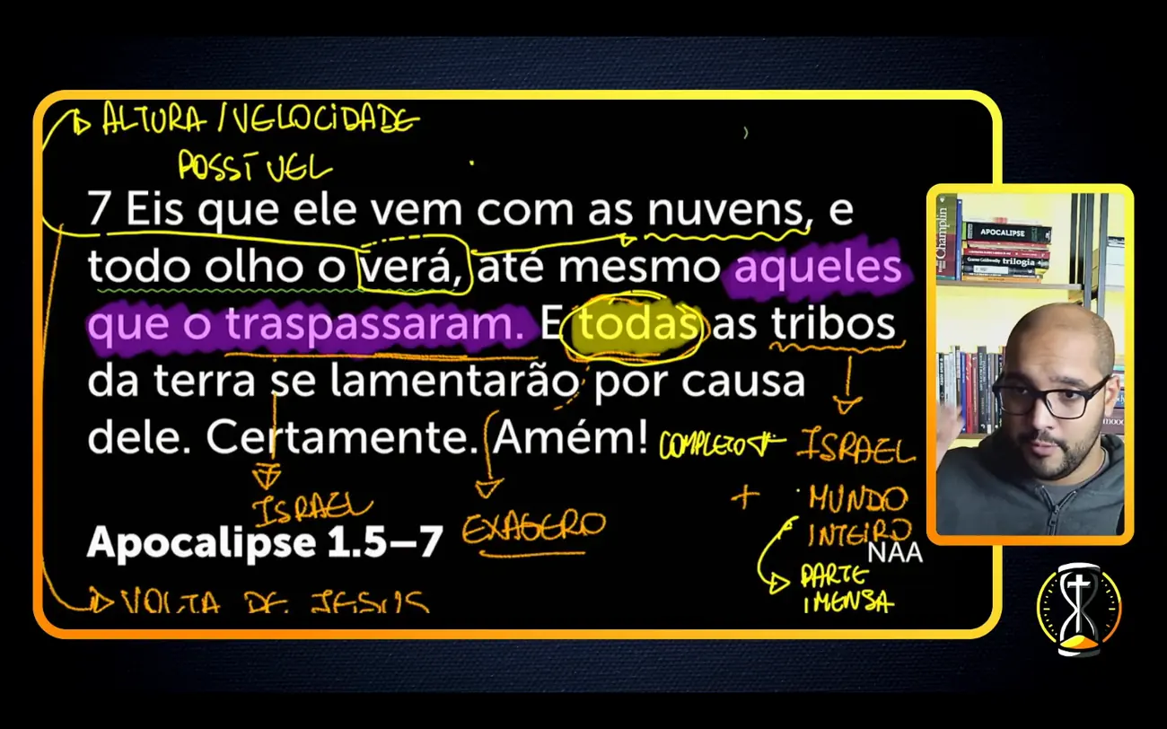 Aula gravada com o texto de Apocalipse anotado na tela